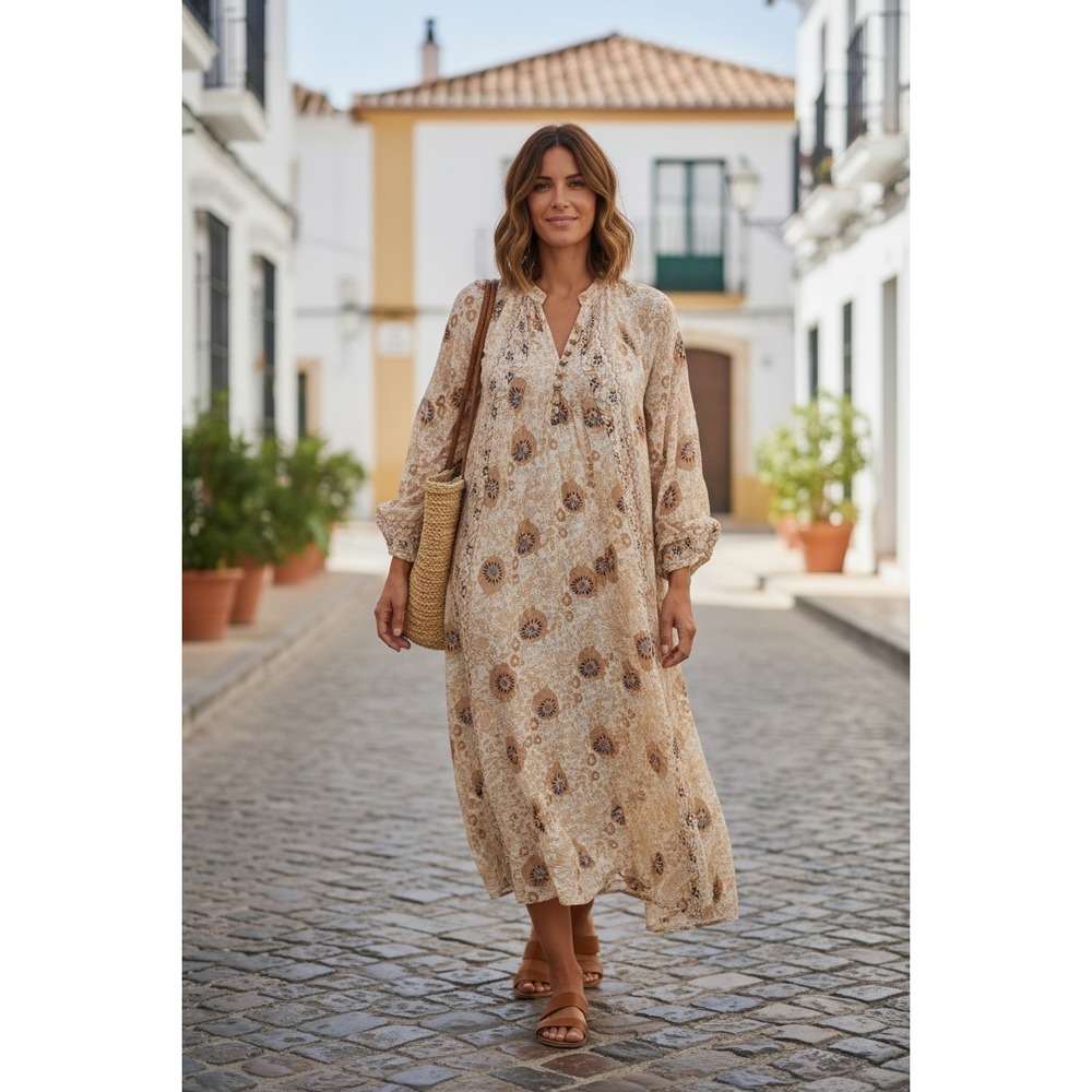 Natalie Martin Fiore Dress Women Large Sage Ochre Floral Boho Rayon Midi Large